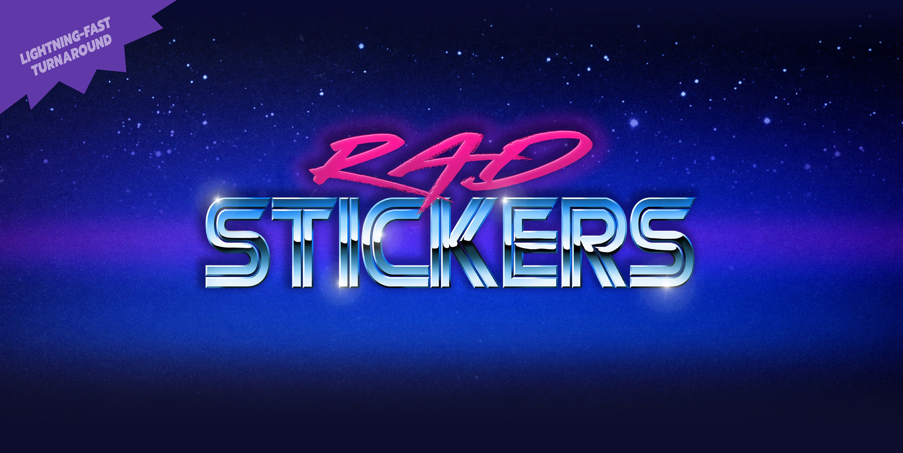 Neon-style text 'RAD STICKERS' on a dark background with a purple banner at the top left corner.