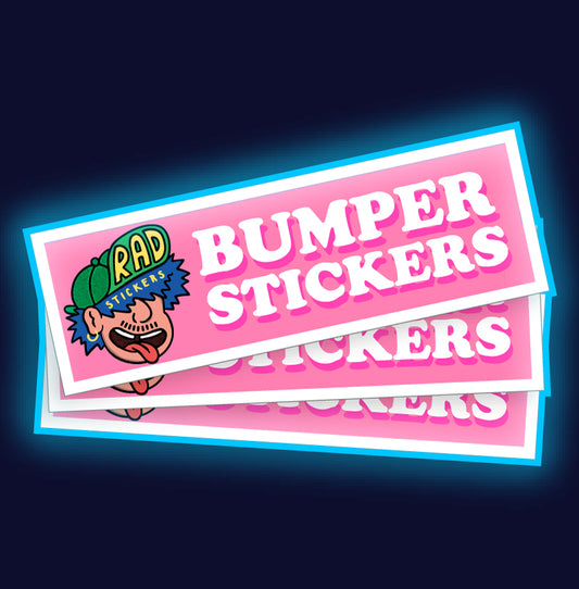 Three pink custom bumper stickers with a cartoon character on a dark blue background