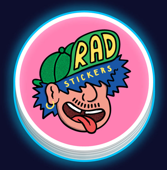 Custom Circular sticker with a cartoon face wearing a green cap and blue bandana, with 'RAD STICKERS' text on a pink background.