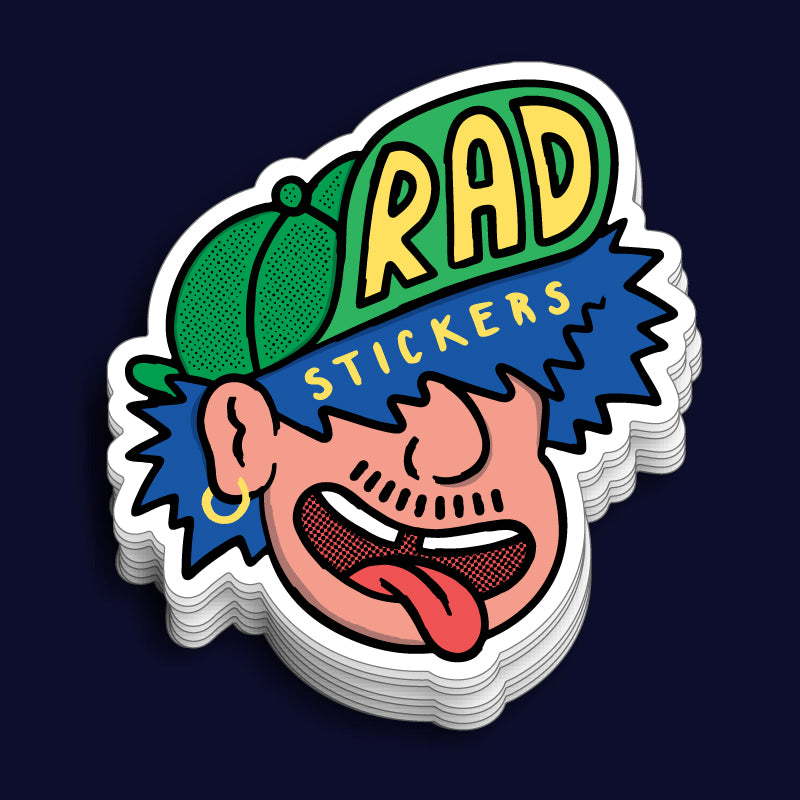 Stack of custom die-cut 'Rad Stickers' with a cartoon character wearing a green cap on a dark blue background