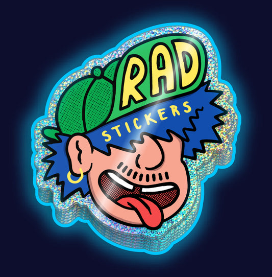Custom Glitter Stickers with a cartoon face wearing a green cap and blue bandana, with 'RAD STICKERS' text on a dark background.