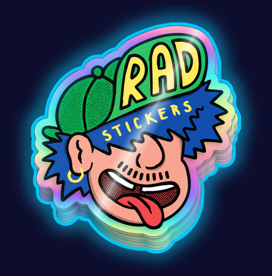 Custom holographic stickers with the dood wearing a cap and sunglasses, and the text 'RAD STICKERS' on a dark background.