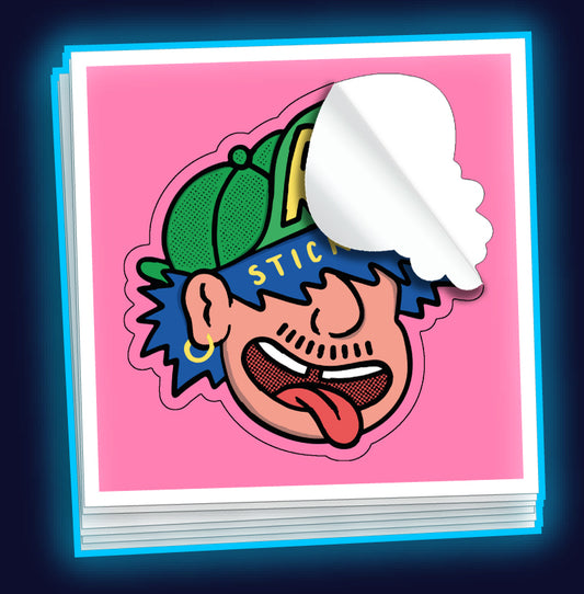 Stack of custom pink kiss-cut stickers with a colourful face design on a dark blue background