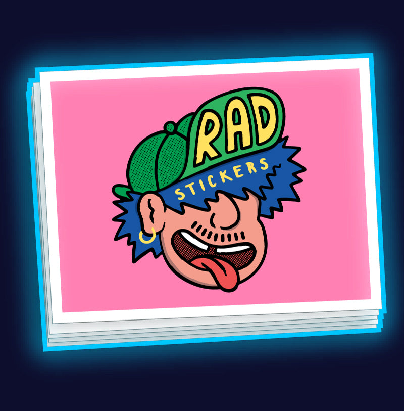 Stack of custom rectangle stickers with a colourful design on a pink background
