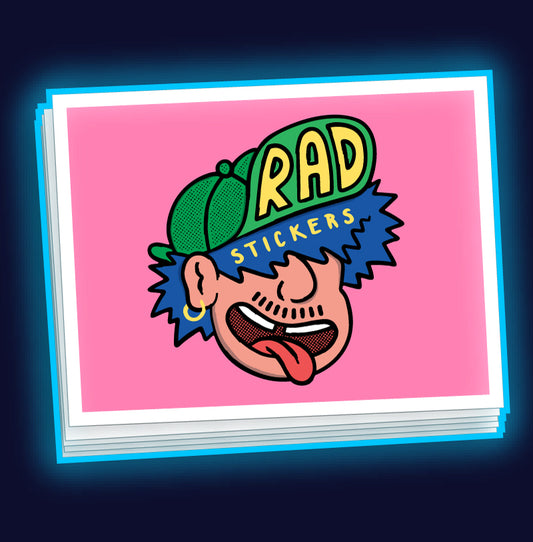 Stack of custom rectangle stickers with a colourful design on a pink background