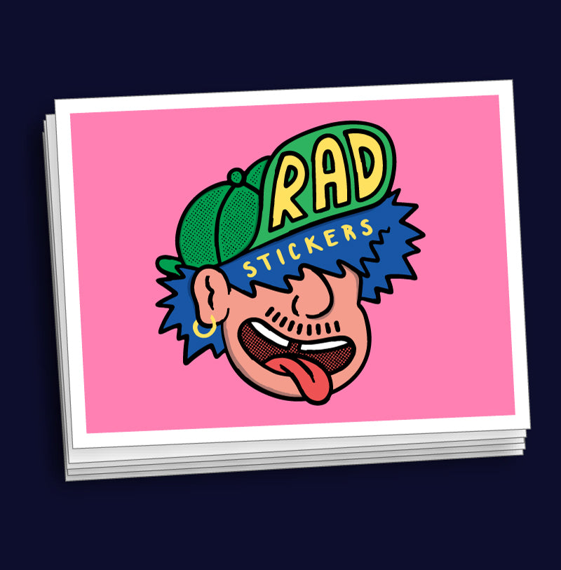 Stack of custom rectangle stickers with a colourful design on a pink background