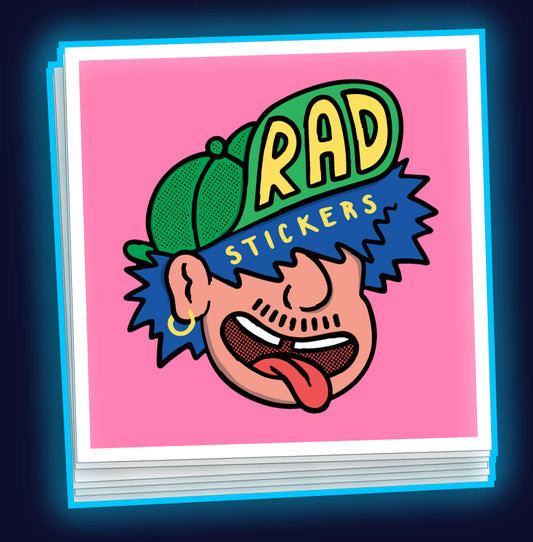 Stack of custom square stickers with a colourful design on a pink background