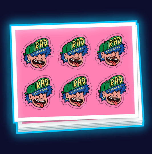 Custom sticker sheet with dood character and 'RAD STICKERS' text on a pink background