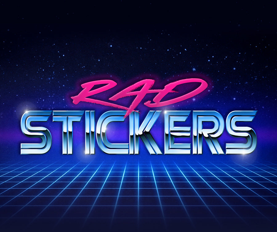 Neon text 'RAD STICKERS' on a retro-style background with grid and stars. Buy stickers.
