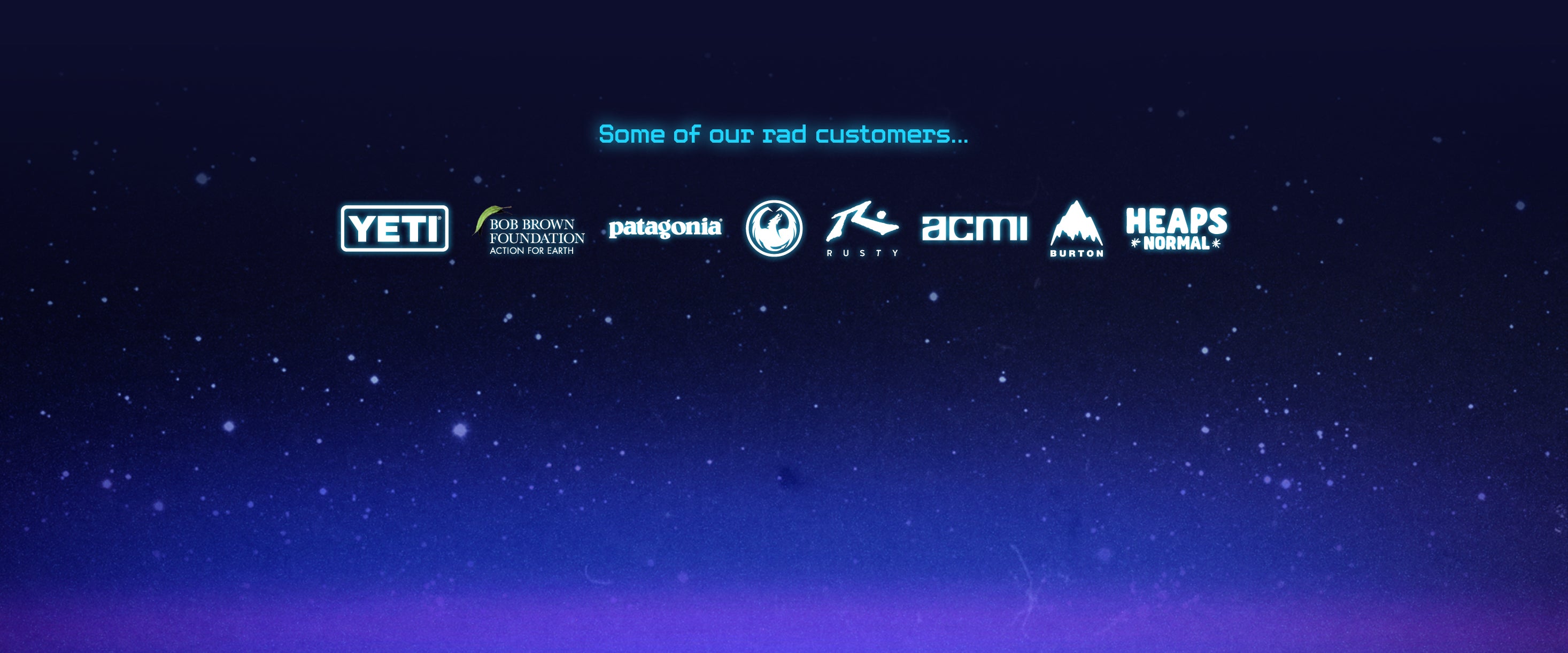 List of brand logos on a dark background with text 'Some of our rad customers'.