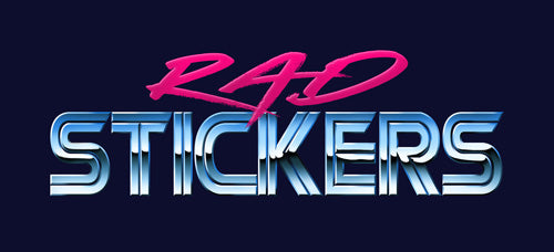 Neon text 'RAD STICKERS' on a dark background. Retro logo for cool sticker company.