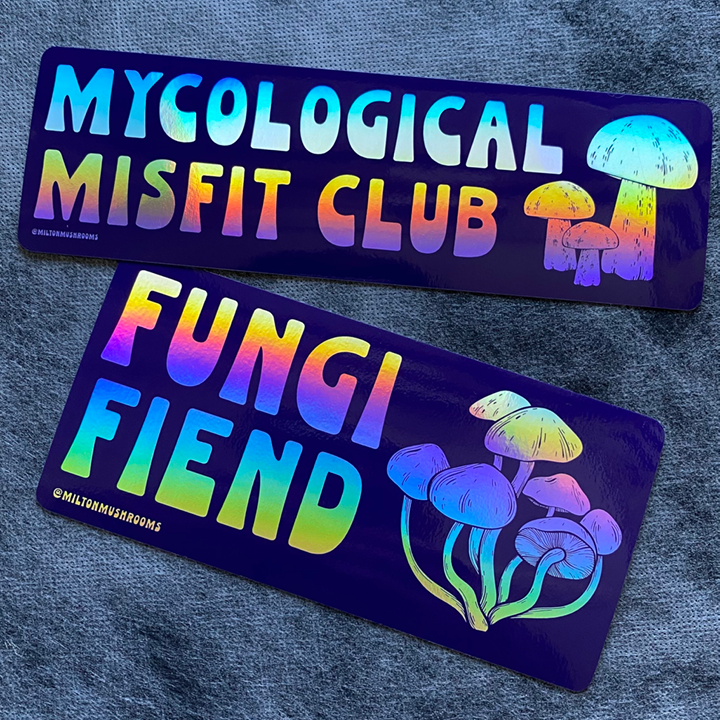 Two colorful holographic stickers with mushroom designs and text on a textured surface