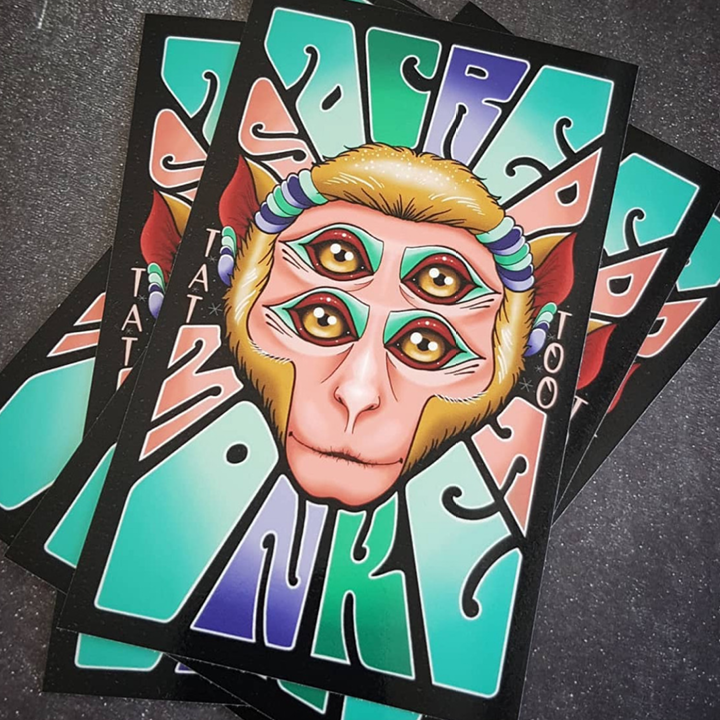 Colorful monkey-themed tattoo design on rectangle stickers.