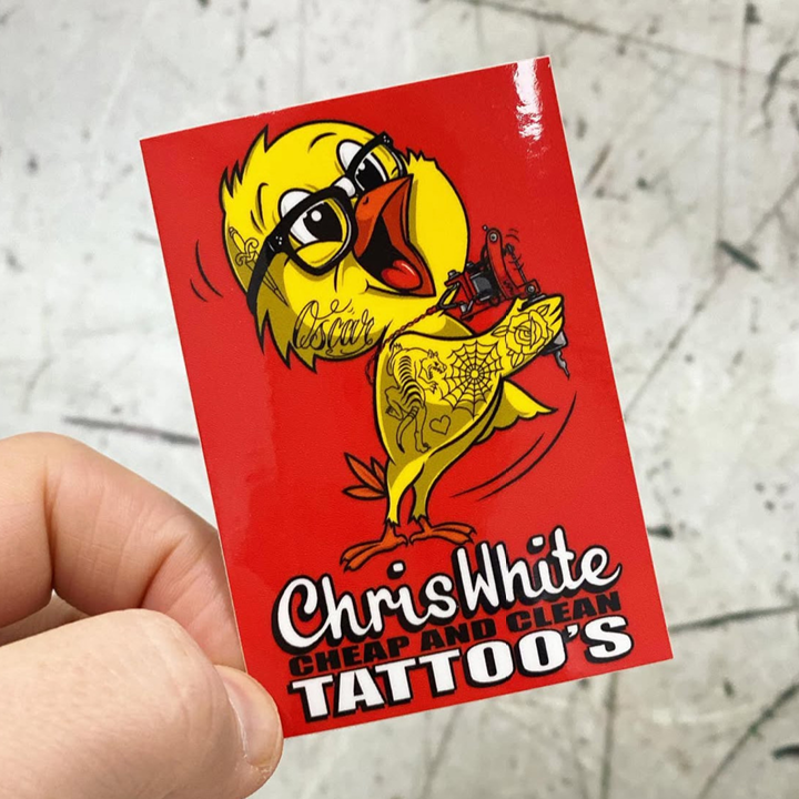 Custom rectangle sticker with cartoon duck and 'Chris White Cheap and Clean Tattoo's' text on a red background.