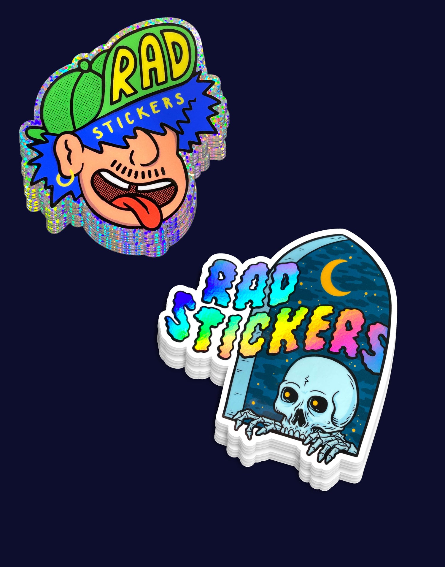 Two colorful stickers with 'RAD STICKERS' branding on a dark background.