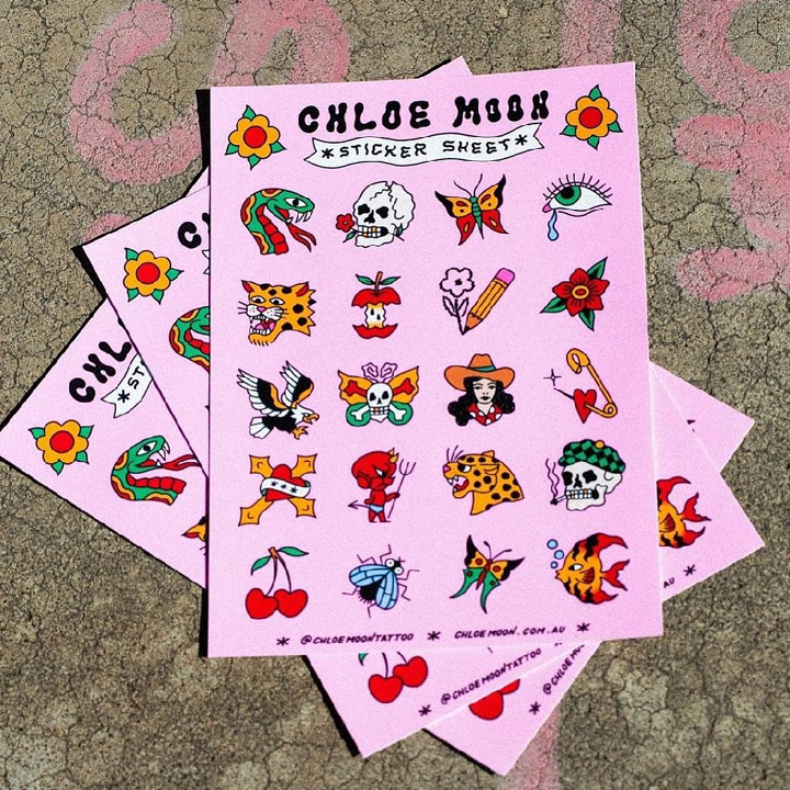 Sticker sheet with various designs on a pink background, featuring the brand 'Chloe Moon'.