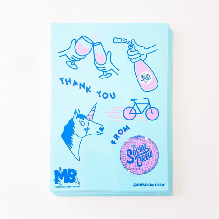 Sticker sheet with colorful illustrations and text on a light blue background
