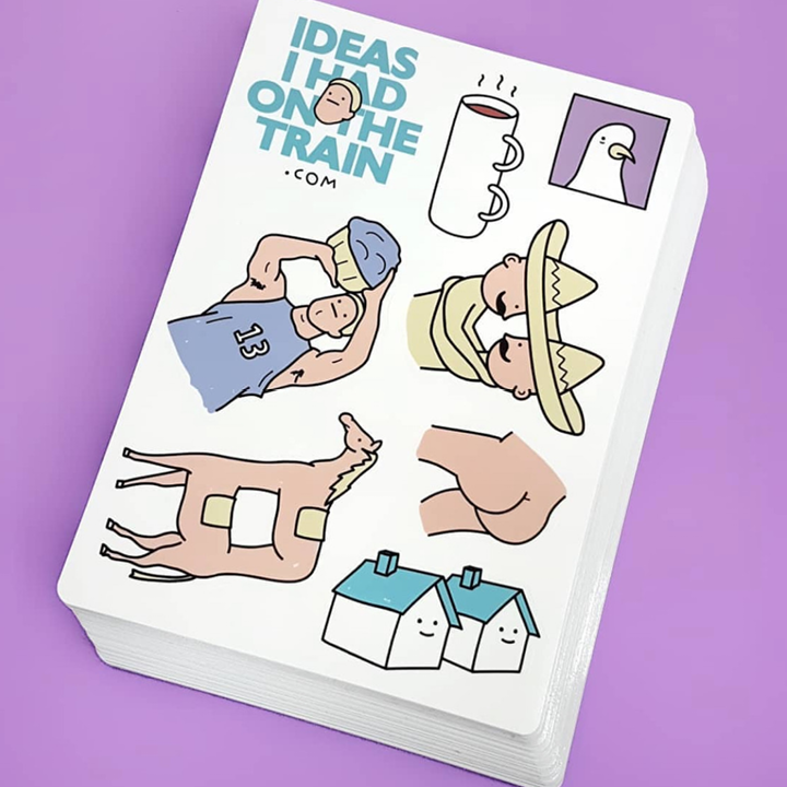 Sticker sheet titled 'Ideas I Had on the Train' with illustrations on a purple background