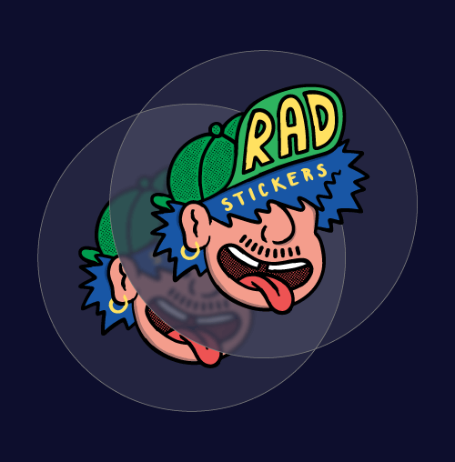Cartoon character with a green hat and 'Rad Stickers' text on a clear sticker