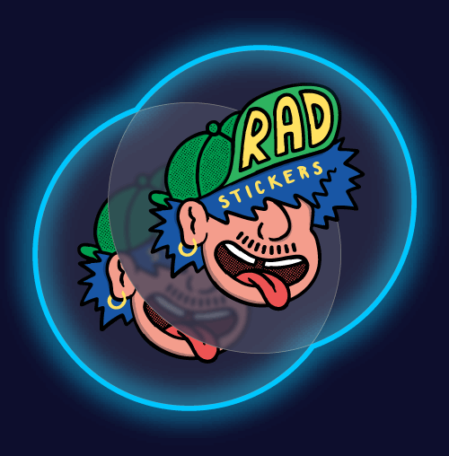 Cartoon character with a 'Rad Stickers' hat on a clear sticker