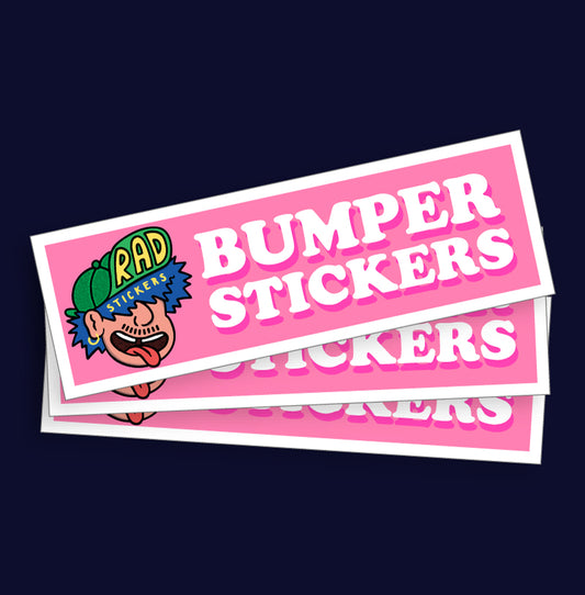 Three pink custom bumper stickers with a cartoon character and 'Bumper Stickers' text on a dark blue background.