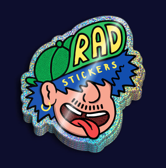 Custom Glitter Stickers with a cartoon face wearing a green cap and blue hair, with 'RAD STICKERS' text on a dark background.