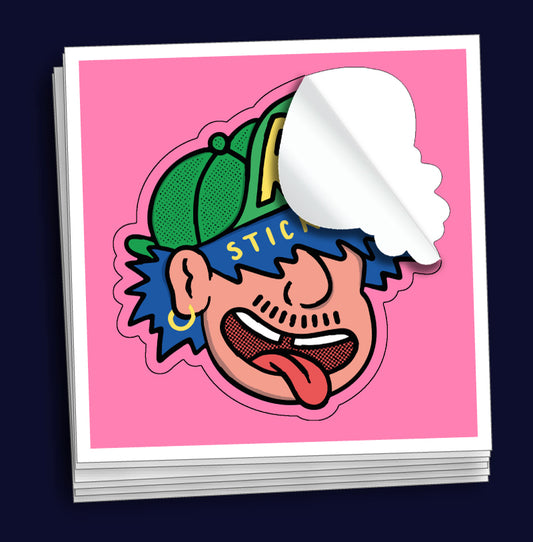 Stack of custom kiss-cut stickers with a colourful character design on a pink background