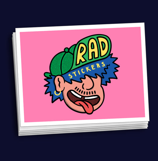 Stack of custom rectangle stickers with a colourful design on a pink background
