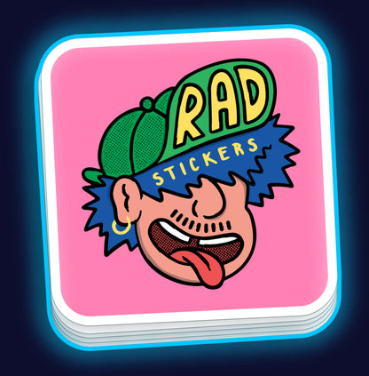 Custom Round Corner Sticker with a cartoon face and 'Rad Stickers' text on a pink background