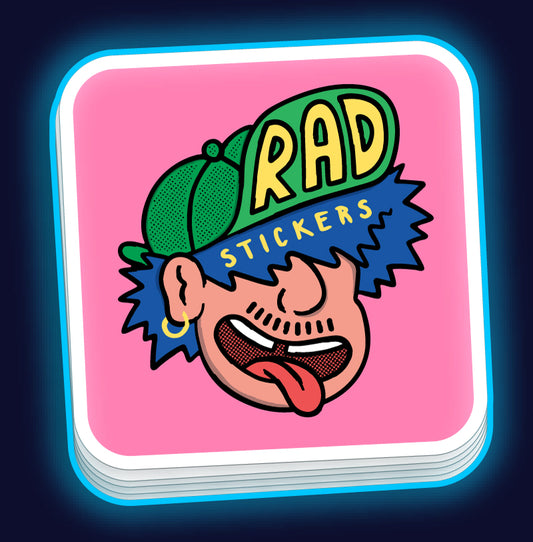 Custom Round Corner Sticker with a cartoon face and 'Rad Stickers' text on a pink background