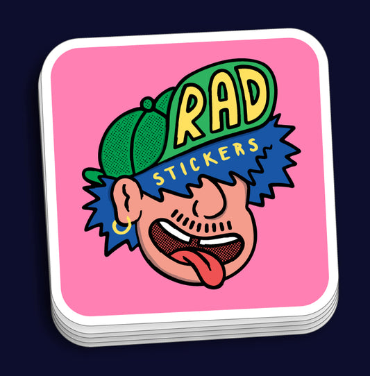 Stack of rounded corner stickers with a colorful design on a pink background