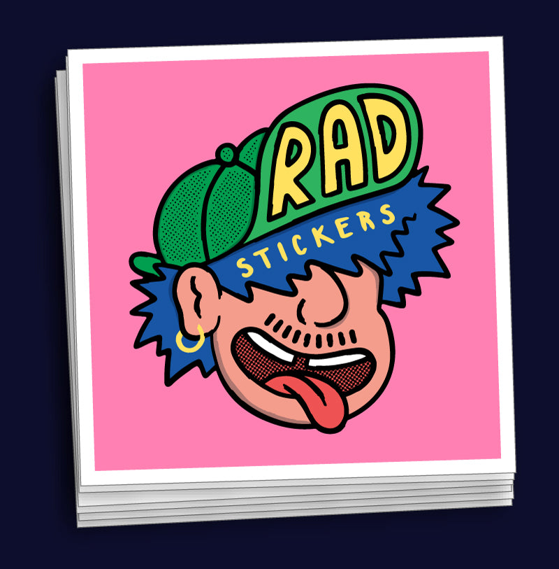 Stack of custom square stickers with a colourful design on a pink background