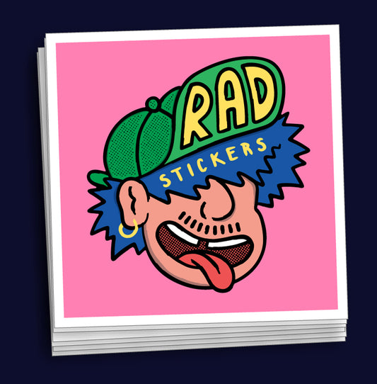 Stack of custom square stickers with a colourful design on a pink background